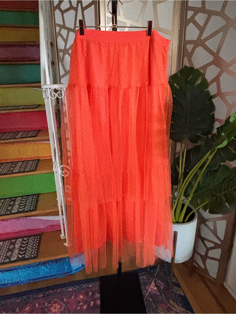 Anthropologie Coral Tulle Midi Skirt XL Layered Mesh Floral Embroidered